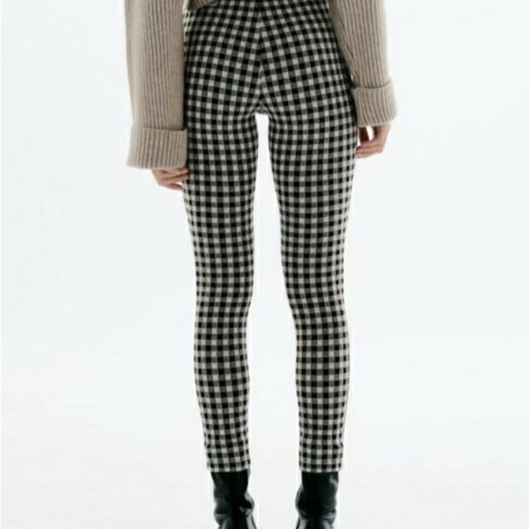 Zara Gingham Black & Tan Plaid Skinny Pants Front Zipper Size L Elastic Waist - Picture 2 of 11